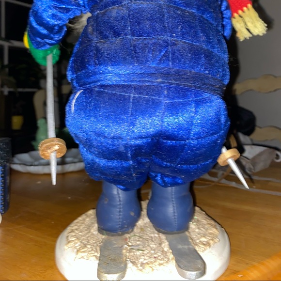 Skiing Santa plush doll like statue on wooden base. - Picture 3 of 3
